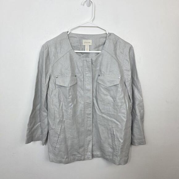 Chico's Silver 100% Linen 3/4 Sleeve Zip Up Quiet Luxury Going Out Jacket Sz 8 - Picture 2 of 9